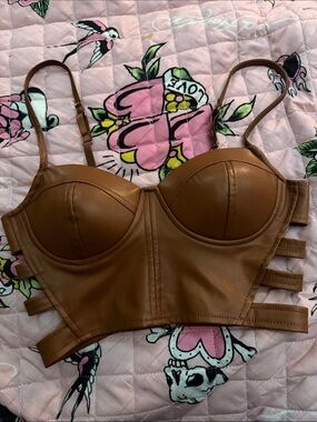 Fashion Nova Brown Faux Leather Strappy Bustier Top